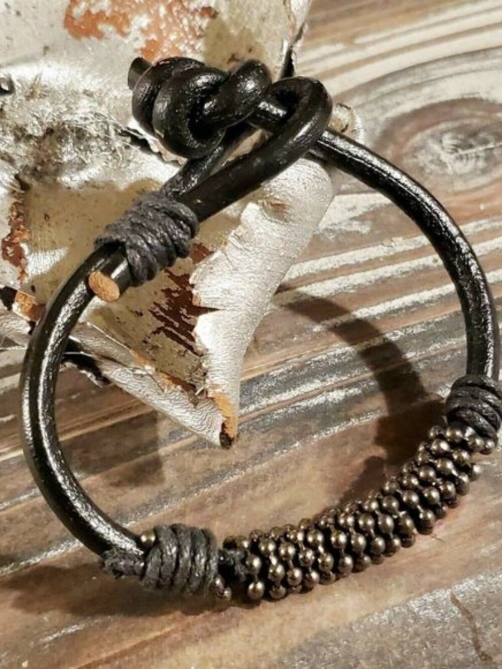 Hand Crafted India Thick Black Goat Leather Vintage Gunmetal Beads Bracelet